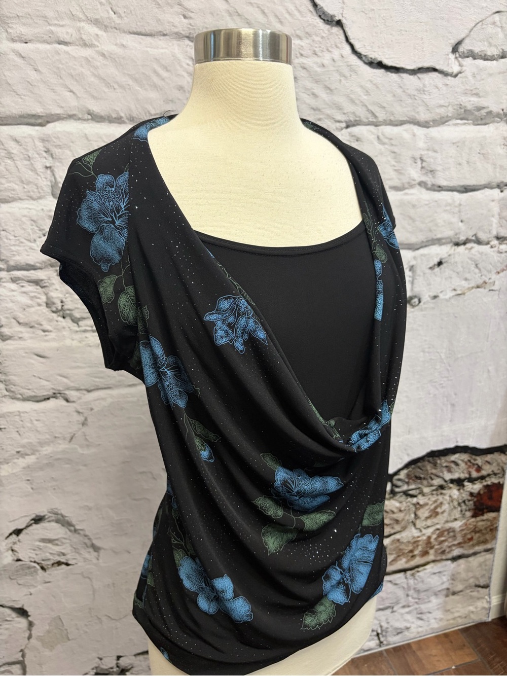Vintage Studio 1940 Y2K Top Black Blue Floral Drape Cowl Neck Shimmer Keyhole